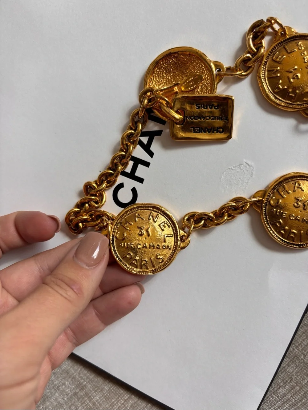 Authentic CHANEL medallion charm gold plated Rue Cambon 31 medallion belt 80cm